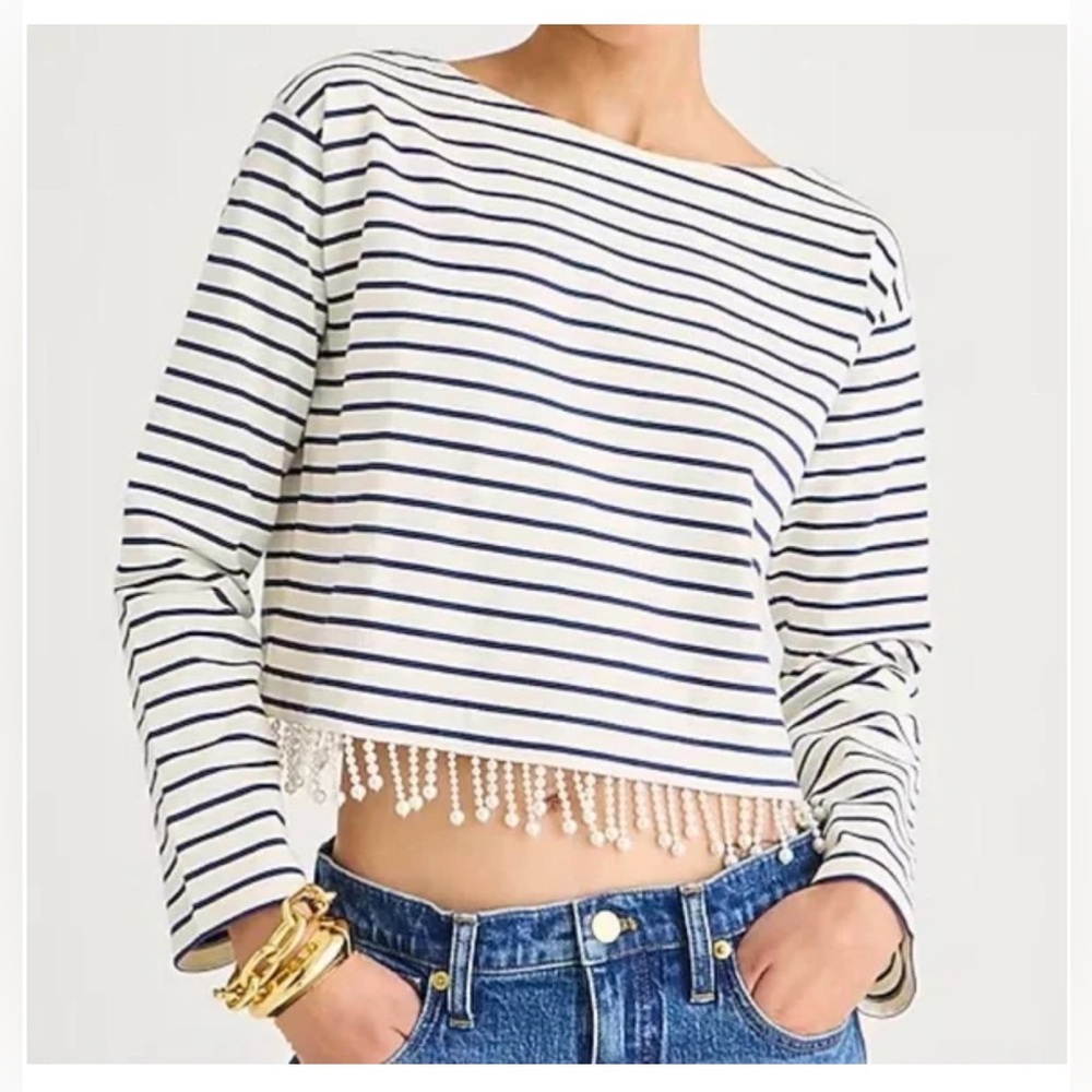 J. Crew Mariner Cropped Pearl Fringe Embellished Long Sleeve Small
